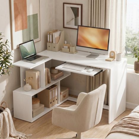 Bureau d'angle, bureau d'ordinateur avec tablette pour clavier et étagères ouvertes, aspect bois blanc (1/5)