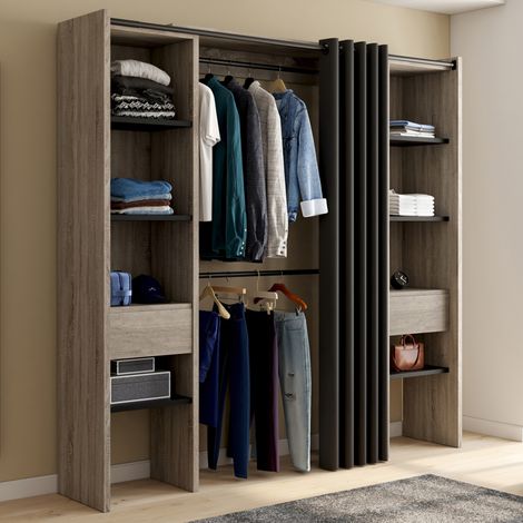 MERYL 120/180 x 180 cm madera y negro armario doble extraíble con cortina + doble espacio para colgar + estantes