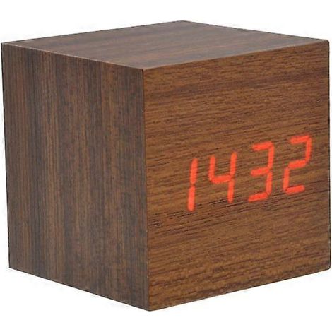 008-4 Mini Cube Réveil numérique en bois à LED rouge avec commande vocale, affichage de la date et de la température (marron) (1/2)