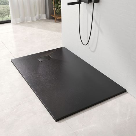 EMKE SMC Duschwanne 90x140 cm Schwarz Ultra-flache Duschtasse, Schieferoptik, Anti-Rutsch & Zuschneidbar