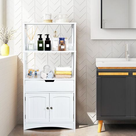 Bathroom Floor Cabinet w/ 2 Open Shelves 1 Drawer & 1 Cupboard Freestanding Entryway Study Room White (1/3)