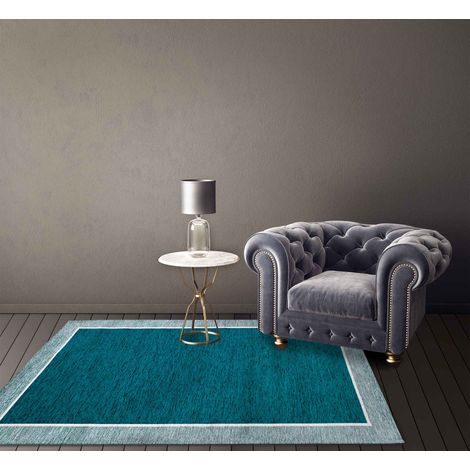 Tappeto Arredo Moderno Morbido in Ciniglia Ingresso Antiscivolo Prodotto Italiano Soggiorno Camera Salotto Disegni Piazzati Cotone Varie Misure Grande Roma Petrolio - 65x115Cm (1/5)