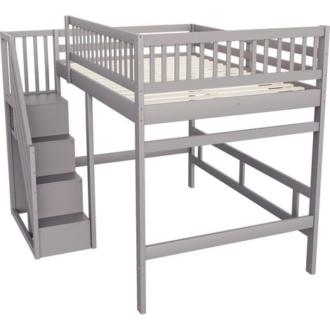 Cama alta 140 x 200 con escalera de almacenaje y barandilla alta, gris, HOMVRA (1/5)