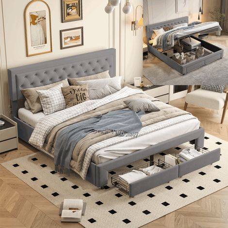 Letto matrimoniale 160x200,letto matrimoniale contenitore,letto contenitore 160x200,con due cassetti,design rivetto, velluto, grigio (1/5)