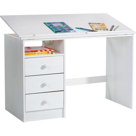 Idimex – Bureau enfant en pin massif avec plateau inclinable 0° à 26° – 3 tiroirs et réglette amovible – Entretien facile