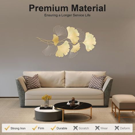 Décoration murale en métal Gingko 3D feuilles dorées Décoration murale pour salon, chambre à coucher, salle à manger (109 x 55 cm) (1/5)