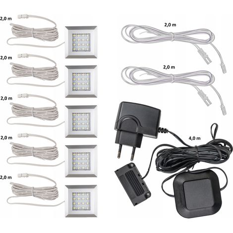 Iluminación LED cuadrada, 5 puntos, blanco frío, con fuente de alimentación para nichos y armarios. (1/5)