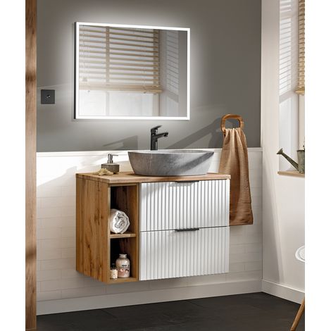 Badezimmer Waschplatz Set 2-teilig weiß ADELAIDE-56-WHITE Modern mit Eiche Nb., Front in Rillenoptik (1/5)