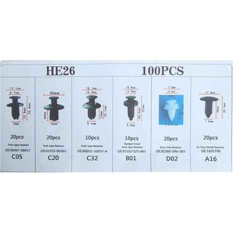 Lot de 100 clips de retenue pour carrosserie de voiture, rivets en plastique, fixations, pare-chocs, garniture de porte, panneau, vis avec outil de retrait (1/5)