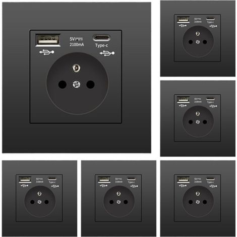 6er-Pack Wandsteckdosen mit USB und Typ-C, 5 V 2,1 A, Standard-EU-Einbausteckdose mit USB-Anschluss, französische Steckdosenleiste, 110–250 V (schwarz) (1/4)