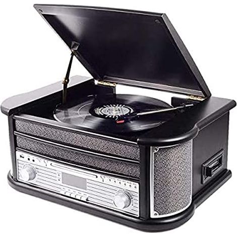 Chaîne HiFi rétro avec radio DAB – Lecteur CD et cassette – Enregistrement USB de vinyles – Boîtier en bois noir – 2 haut-parleurs 5W – Denver
