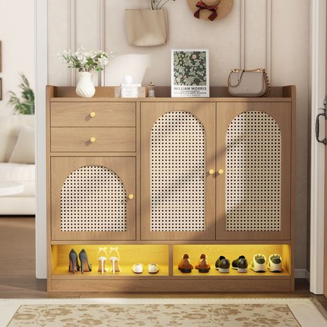 Meuble à chaussures 120x35x100cm pour entrée - buffet bas avec 3 portes en rotin 2 tiroirs et éclairage led - style scandinave bohème - bois naturel (1/5)