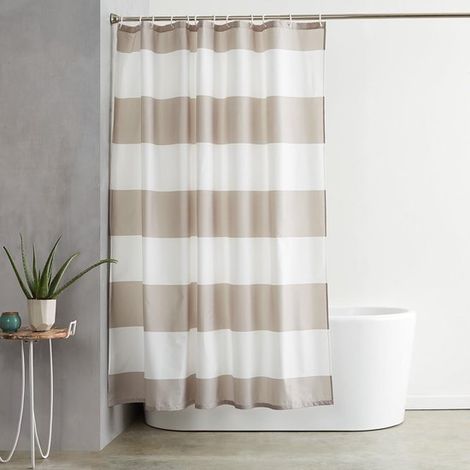 Cortina de ducha, cortina de baño, 182 x 182 cm, Poliéster, color, estampado de rayas, Antimoho, Impermeable, lavable, con 12 ganchos (1/5)