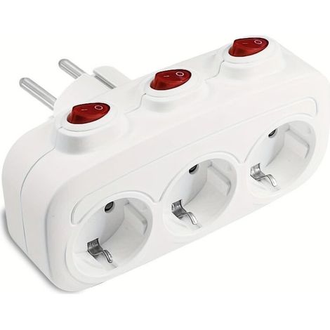 Multiprise Murale 1 Vers 3 Prises avec Interrupteurs Indépendants, Adaptateur de Voyage Sans Fil, Design Horizontal Compact, Blanc (1/5)