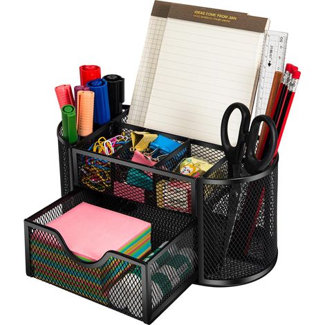 Organiseur Bureau - Métal Antirouille - Compartiments En Maille Métallique Et Tiroir Coulissant - Pour Bureau Maison École Atelier - 22 x 11,5 x 10,5 cm (1/5)