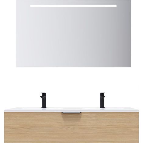 Meuble de salle de bain suspendu double vasque intégrée 120cm 1 tiroir Chêne clair + miroir - Venice (1/5)