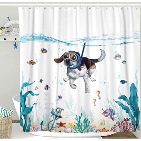 Cute Diving Dog Marine Animal Bath Curtain Polyester Shower Curtain 180x180cm Waterproof Durable Modern Bathroom Decorative Accessories with 12 Hooks (1/5)