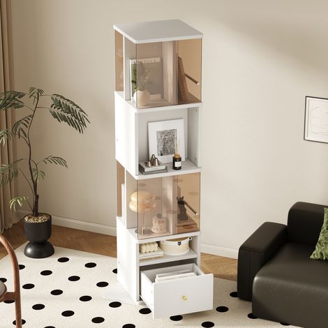 Vitrine pivotante 50 x 50 x 160 cm en MDF et verre, blanc-marron HAVRYA (1/5)