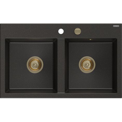 Mexen Hektor Granitspüle 2-Becken 800 x 480 mm, Schwarz/Gold Metallic, Siphon Gold - 6521802000-75-G