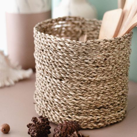 Petit Panier en Jonc de Mer Cache-Pot Rond Tressé Bohème pour Plantes et Rangement - PANGIVO