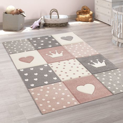 Paco Home Kinderteppich Pastellfarben Kariert Punkte Herzen Sterne Weiß Grau Rosa Ø 160 cm Rund