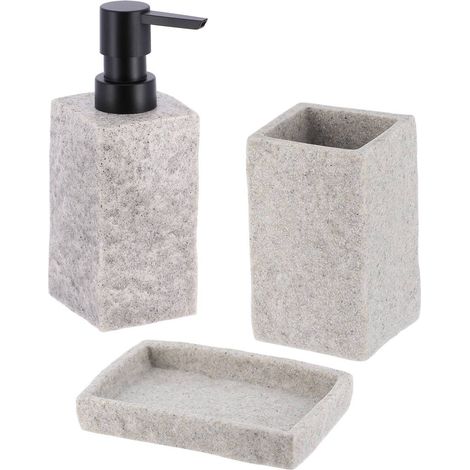 Set gobelet distributeur a savon et porte savon polyresine effet pierre - gris - Tendance (1/2)