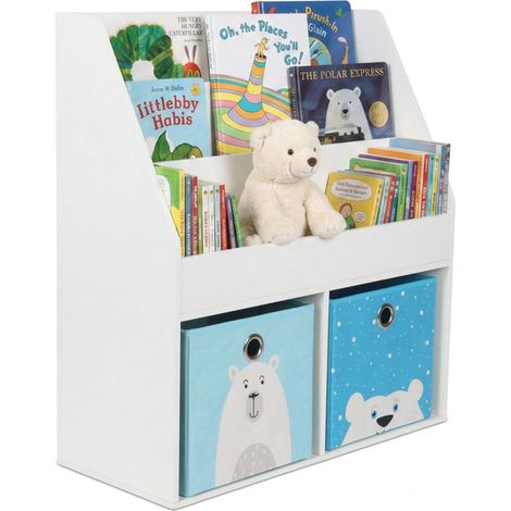 Relaxdays Children's Bookshelf, HWD: 79 x 72 x 30.5 cm, 3 open shelves for books, 2 storage boxes, kids' shelf, white (1/5)