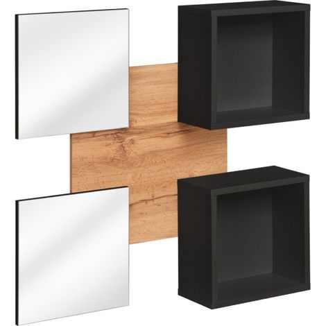 Panneau Mural, 2 Étagères & 2 Miroirs "Easy" 100cm Noir (1/3)