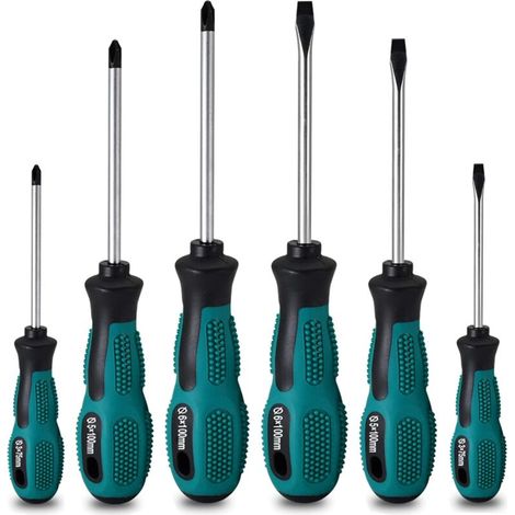 Set mit 6 robusten magnetischen Schraubendrehern aus Chrom-Vanadium-Stahl mit 3 Schlitz- und 3 Kreuzschlitzköpfen