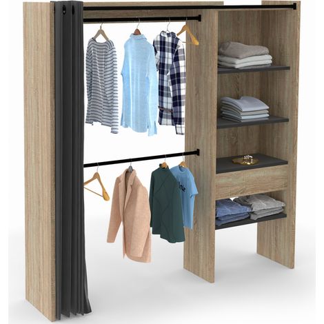 Idmarket – Dressing modulable extensible 120/170 x 50 x 180 cm – Hêtre avec 4 étagères réglables et double penderie – Rideau noir inclus