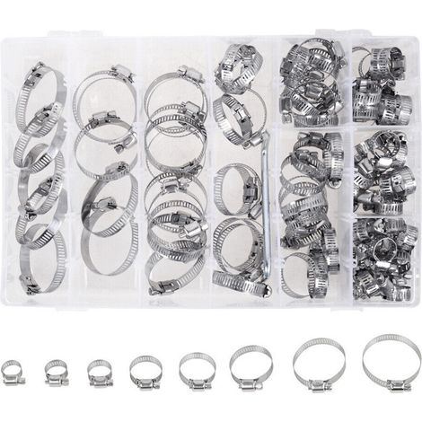 Paquete de 80 a 100 abrazaderas para mangueras, de acero inoxidable 201, con diámetros de 8 a 38 mm, para tuberías de agua, gas y automoción. (1/5)