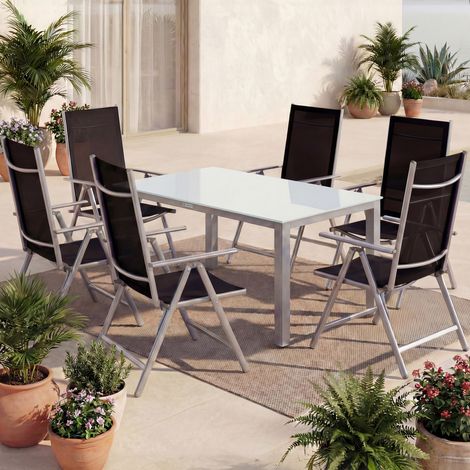 CASARIA® Gartenmöbel Set 6 Stühle mit Tisch 150x90cm Aluminium Sicherheitsglas Wetterfest Klappbar Modern Terrasse Balkon Möbel Sitzgruppe Garnitur Bern silber
