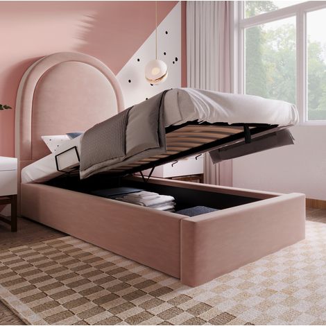 Lit enfant coffre 90 x 200 cm  en velours rose avec tête de lit demi-lune et sommier relevable (1/5)