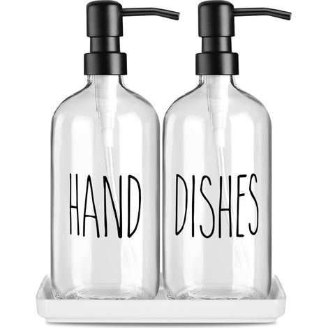 Ensemble De Distributeurs De Savon en Verre : Pack De 2 pour Savon pour Les Mains Et Liquide Vaisselle avec sous-Plat en Céramique pour Shampooing, Après-Shampooing(Transparent) (1/5)