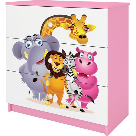 Babydreams Commode enfant 81 cm avec 3 tiroirs motif zoo rose