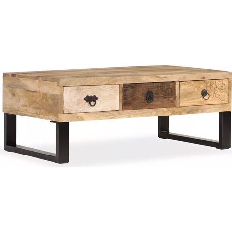 Table basse 3 tiroirs manguier massif clair et métal noir Maneci (1/5)