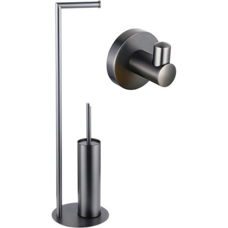 FugaFlow Eccelente Porte-rouleau de papier toilette indépendant avec brosse WC - avec crochet pour serviette - Gunmetal PVD brossé