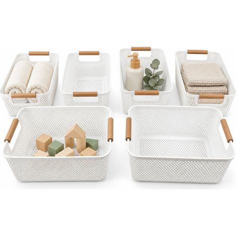 Relaxdays Cesta de almacenaje, set de 6, M y L, plástico, asas de madera, baño, niños y salón, multiusos, blanca (1/5)