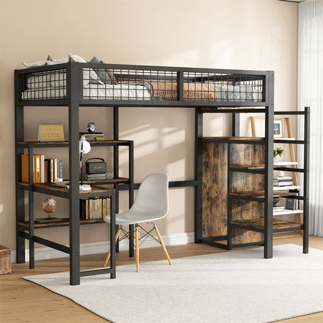 Lit mezzanine 90x200cm, cadre en fer, avec sous plateau bureau L, plusieurs étagères, escaliers et armoire intégrée, noir (1/5)