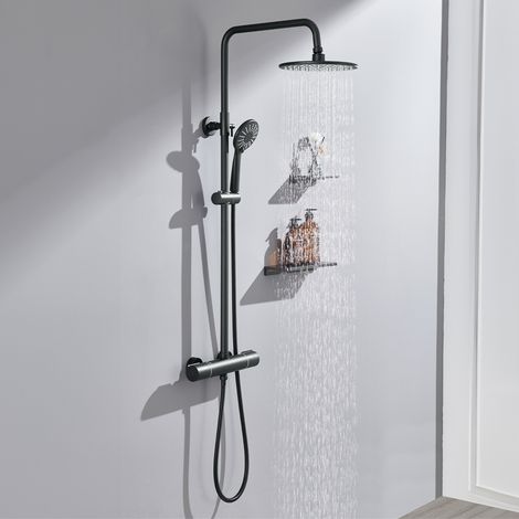 Duschsystem mit Thermostat Regendusche Edelstahl Regenkopf Runde Duschsäule Duschgarnitur Duscharmatur inkl. 3 Strahlarten Handbrause, höhenverstellbar Duschstange, Schwarz