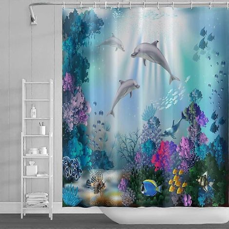 Rideau de douche 180x180cm motif dauphins, rideau de bain tropical, animaux du monde marin, tissu polyester imperméable avec H (1/5)