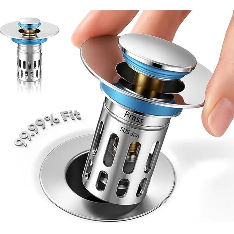 Tapón universal de repuesto para lavabo de baño, colador emergente de latón macizo, silencioso, cesta de filtro extraíble de acero inoxidable para orificios de 2,7 a 5,1 cm. (1/5)