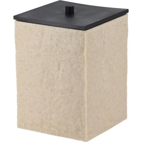 Poubelle carree en polyresine effet pierre et couvercle bambou noir mat 5l - naturel - Tendance