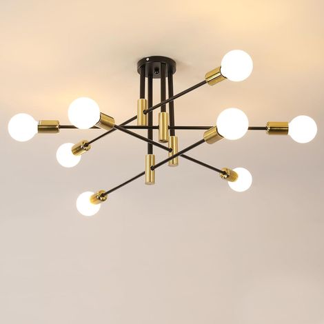 Lustre Sputnik Vintage 8-Lumières 90cm, Lustre Plafonnier Industriel Salon E27, Lampe de Plafond pour Salon Cuisine Chambre, Noir avec Or (Sans ampoules) (1/5)