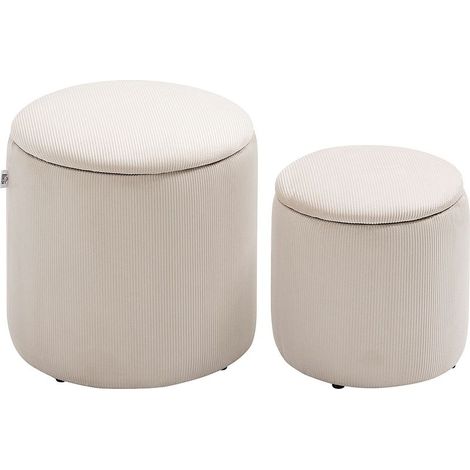 Stool ottoman, set of two, with space of storage, coating flexible appearance velvet ribbed, white cream, 40 x 40 x 41 cm (1/5)