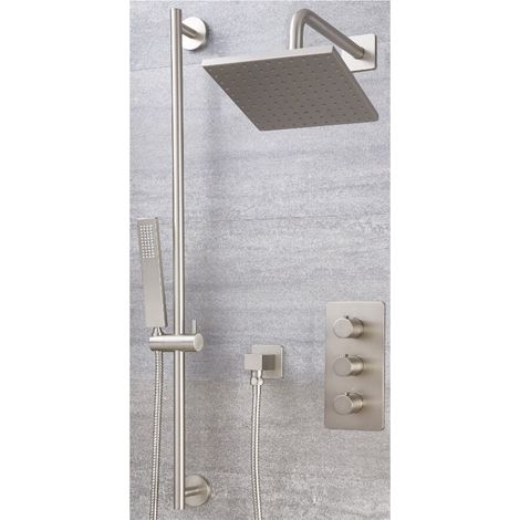 Milano Hunston 2 Outlet Triple Thermostatic Mixer Shower Valve with 200mm Wall Mounted Square Rainfall Shower Head and Hand Shower Handset Riser Rail Slide Bar Kit – Brushed Nickel (1/5)