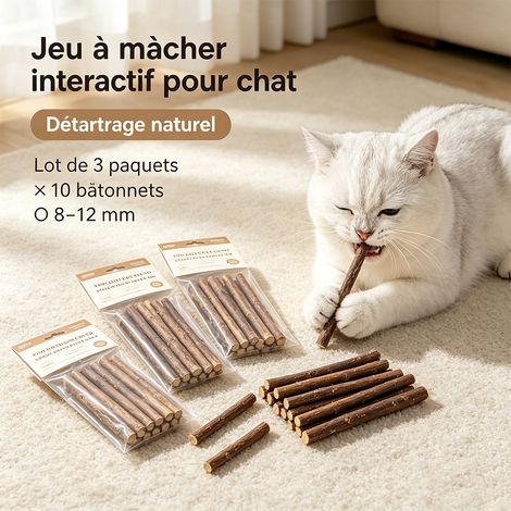 Lot de 3 paquets de 10 bâtons de matatabi pour chat (30 pièces), diamètre 8-12 mm, jouet à mâcher naturel pour nettoyage dentaire et anti-stress - Naturel (1/5)