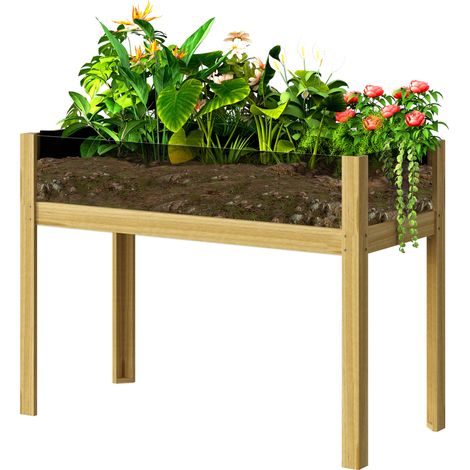 Jardinière sur pieds, carré potager surélevé avec panneaux en acrylique et trous de drainage, 110 x 50 x 80 cm, naturel