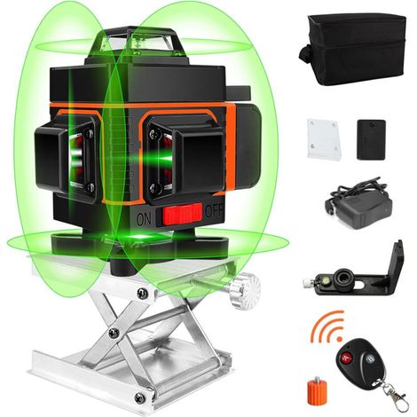 4 x 360° Self-levelling Green Laser Level, 4D 16 Green Cross-line Laser Lines (Vertical/Horizontal), 2 x Batteries, IP54, Rotating Stand, with Remote Control & Carrying Case (1/5)