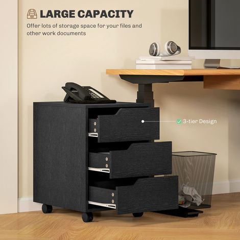 Classeur vertical noir à 3 tiroirs avec roulettes et support pour imprimante mobile, idéal pour le rangement à domicile et au bureau. (1/5)